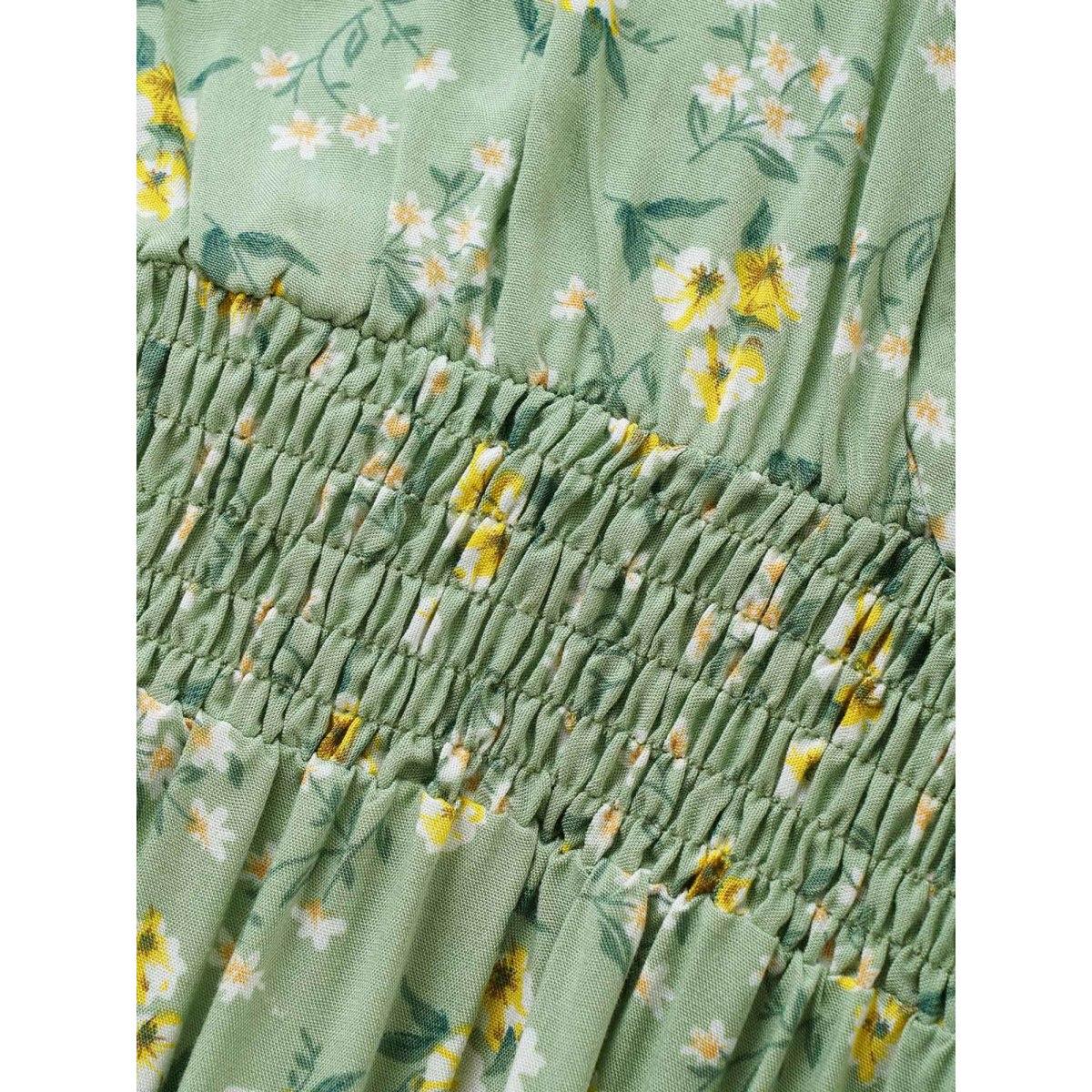 Plus Size Supersoft Essentials Ditsy Floral Wrap Shirred Dress LightGreen Women Elegant Overlapping Overlap Collar Short sleeve Curvy Midi Dress BloomChic 28/5X Product Image