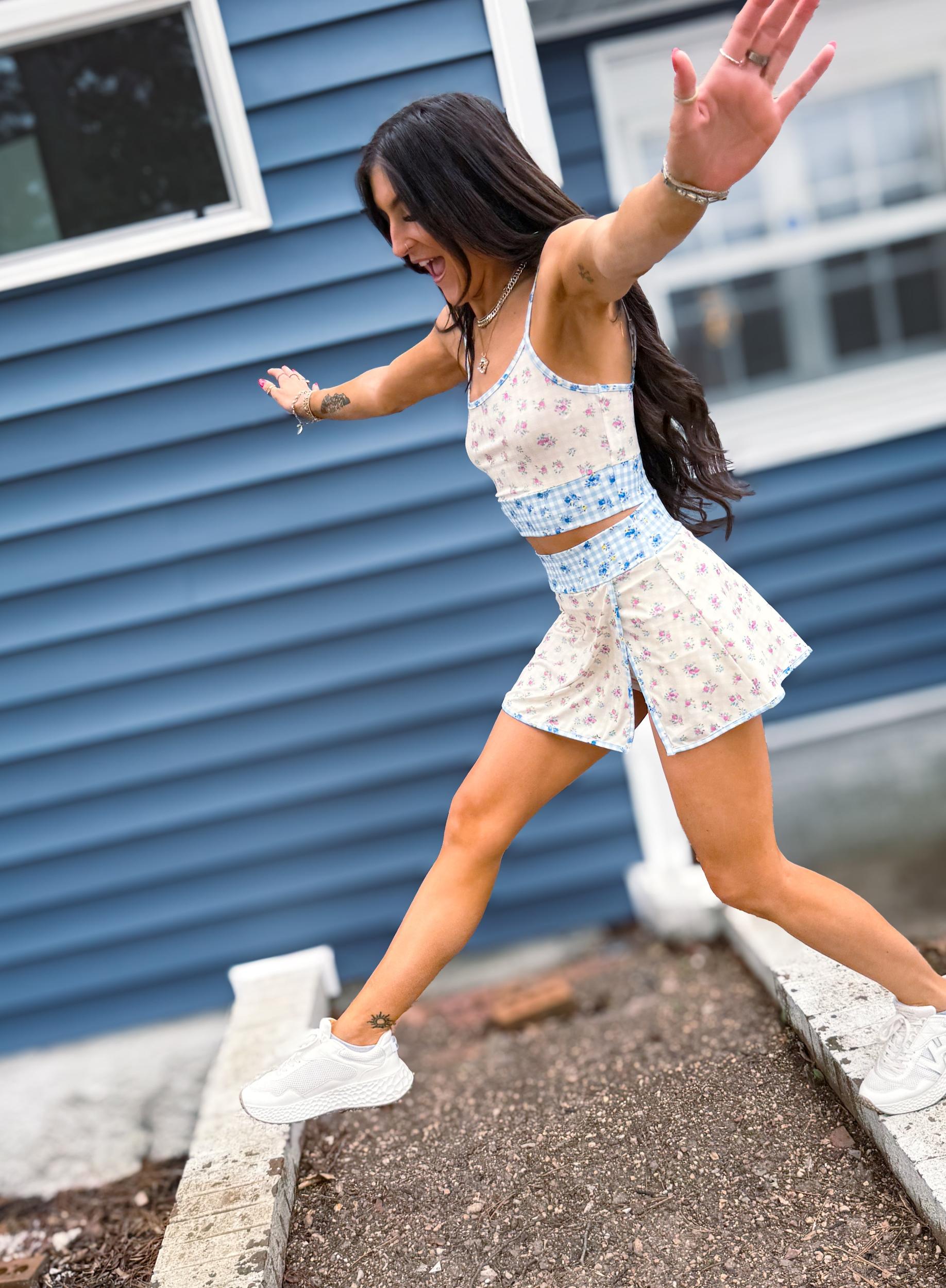 Gingham Floral Print Patchwork Sporty Mini Skort Product Image