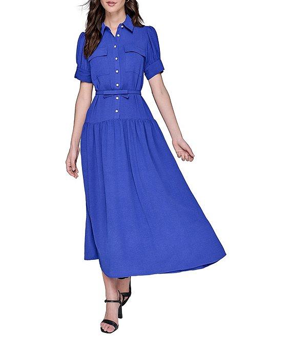 KARL LAGERFELD PARIS Short Sleeve Drop Waist Midi Shirt Dress Product Image