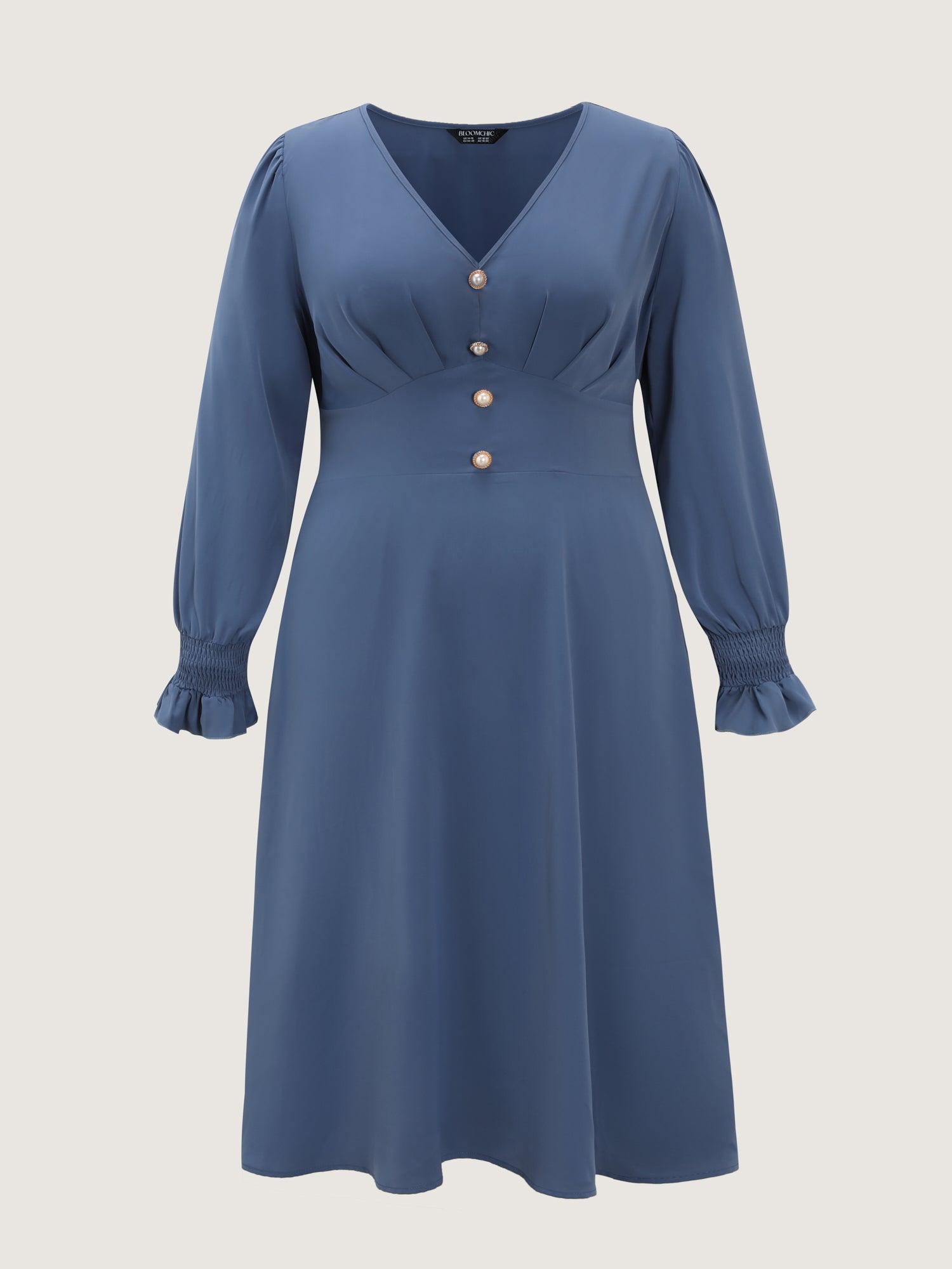 Pearl Metal Trim Buttons Shirred Midi Dress Female Product Image