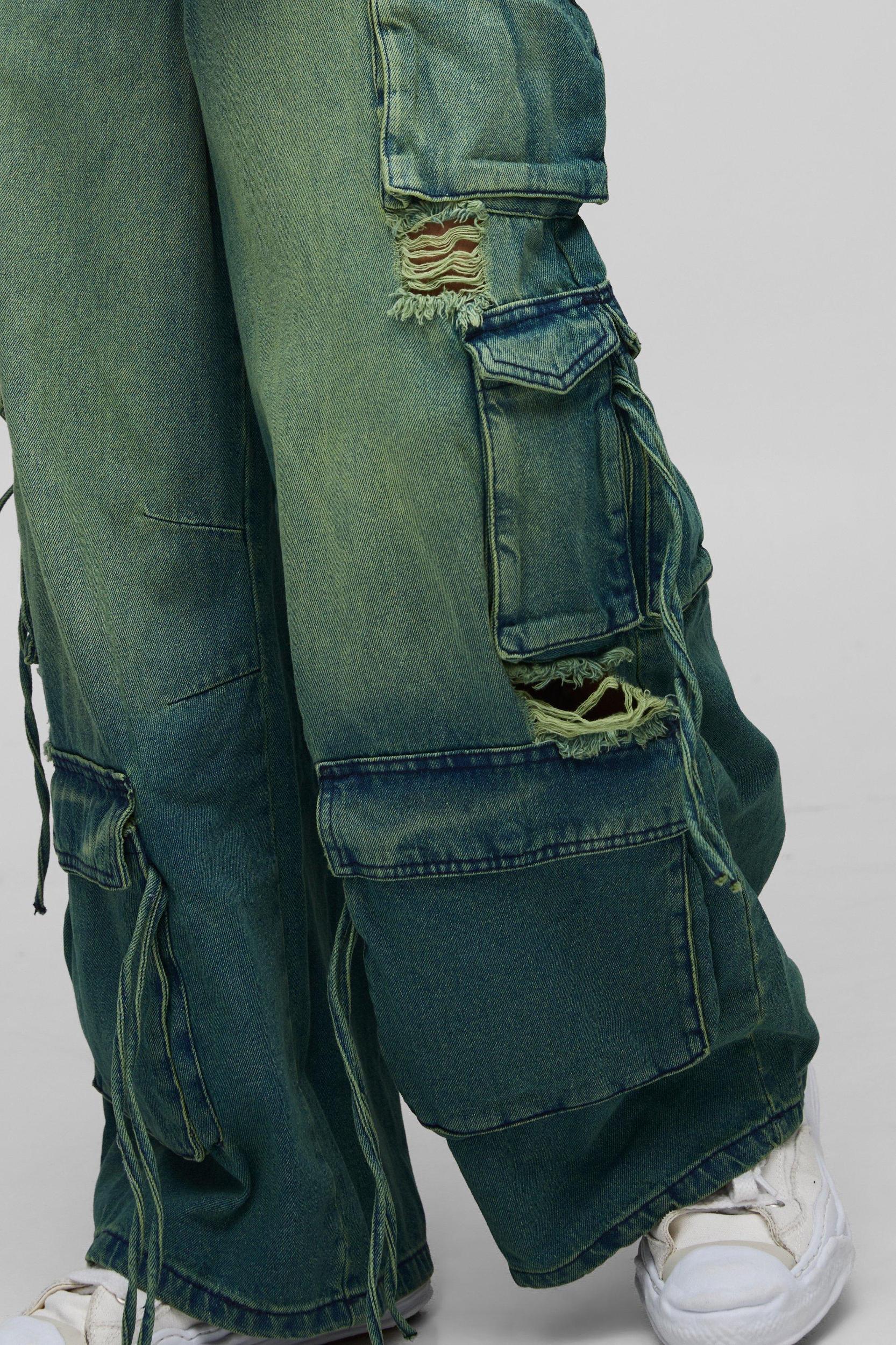 Super Baggy Rigid Ripped Multi Pocket Cargo Strap Denim Jeans | boohooMAN USA Product Image