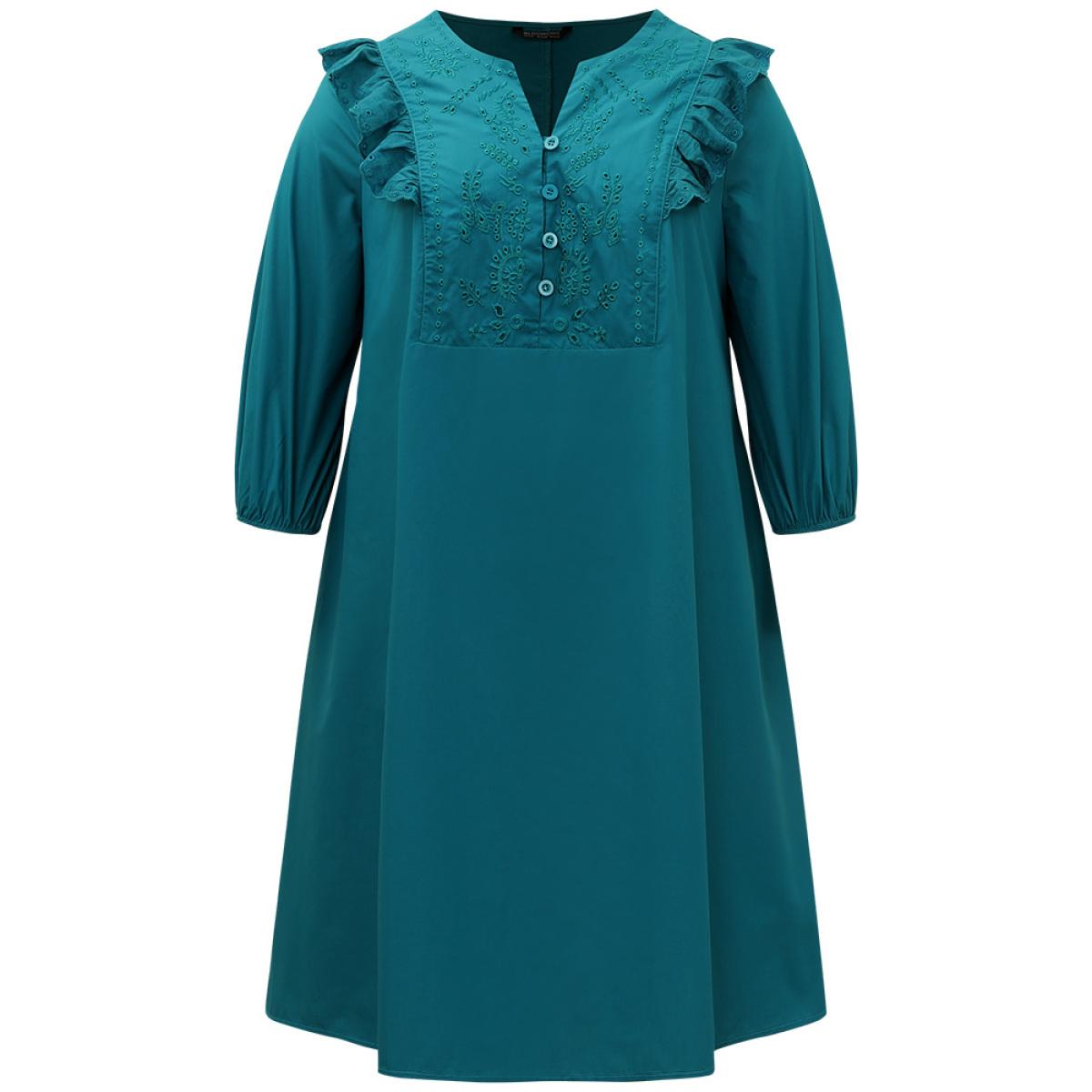 Plus Size Plain Ruffle Trim Lantern Sleeve Dress Cerulean Women Vacation Elastic cuffs Notched collar Elbow-length sleeve Curvy Midi Dress BloomChic 12/L Product Image