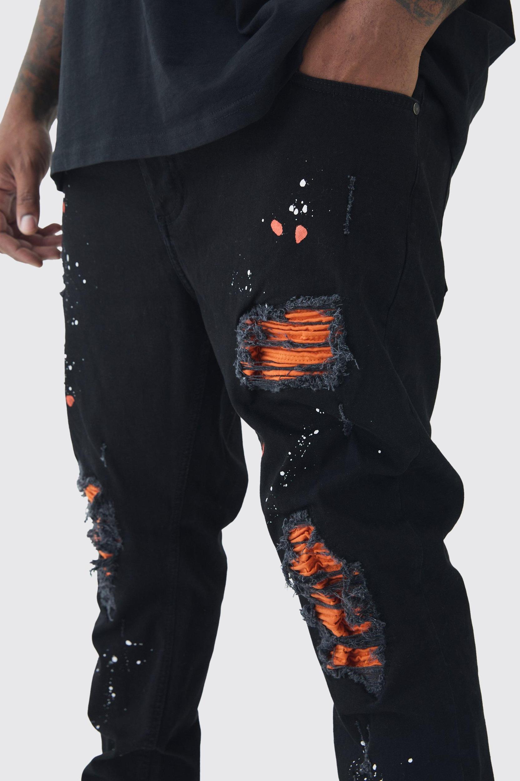 Plus Super Skinny Stretch Biker Rip & Repair Paint Splat Jeans | boohooMAN USA Product Image