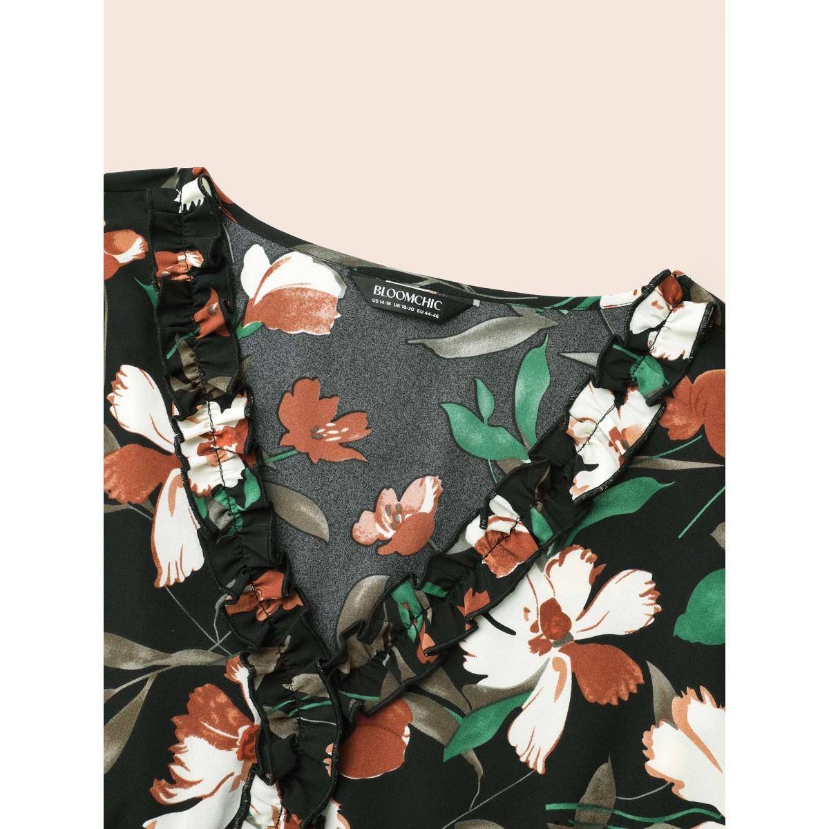 Plus Size Floral Elastic Waist Frill Trim Midi Dress BlackFlower Women Elegant Frill Trim V-neck Long Sleeve Curvy BloomChic 10/M Product Image