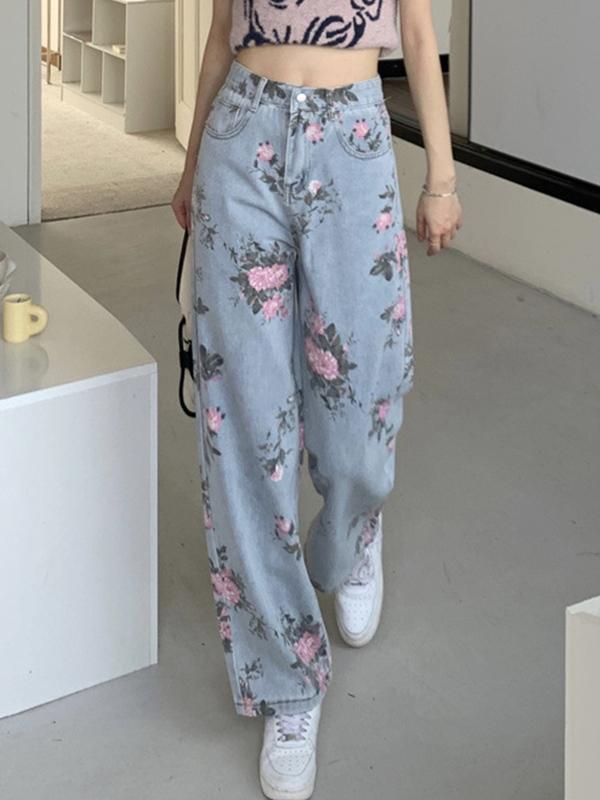 Washed Floral Print Boyfriend Jeans Product Image