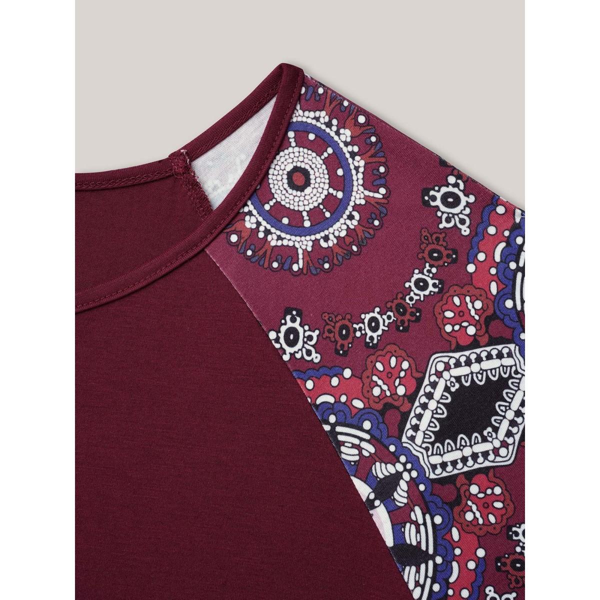 Plus Size Boho Print Sleeve Round Neck T-Shirt Scarlet Women Elegant Contrast Round Neck Everyday T-shirts BloomChic 18-20/2X Product Image
