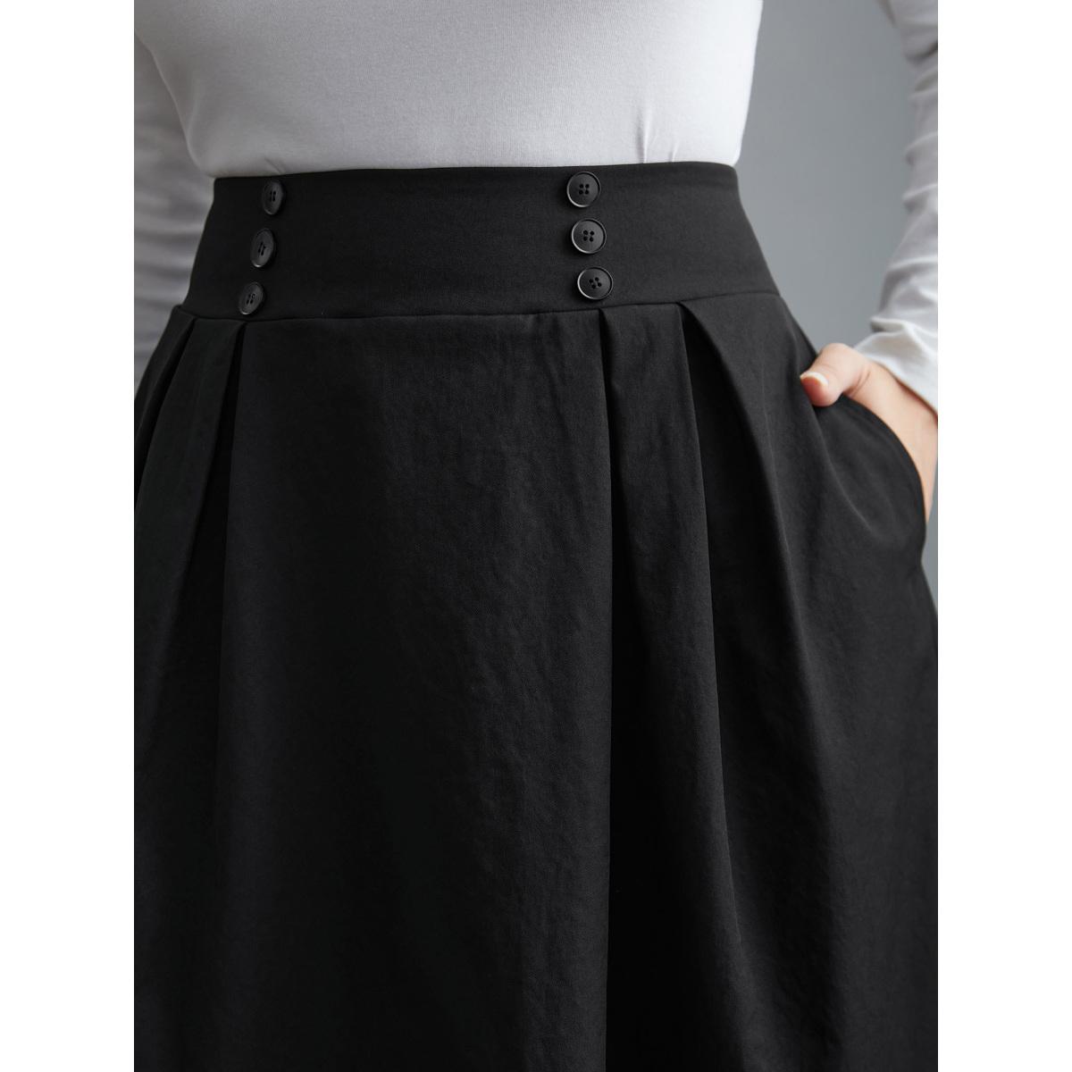 Plus Size Elastic Waist Fastener Pleated Skirt Women Black Elegant Button Low stretch Slanted pocket Everyday Skirts BloomChic 14-16/1X Product Image