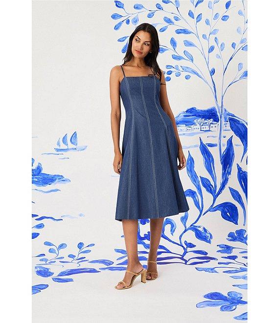 Maggy London Denim Square Neck Sleeveless A-Line Midi Dress Product Image