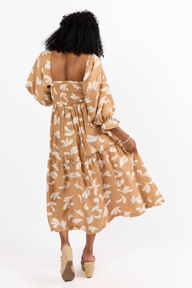 Swing Of Things Neutral Printed Smocked Midi Dress Product Image