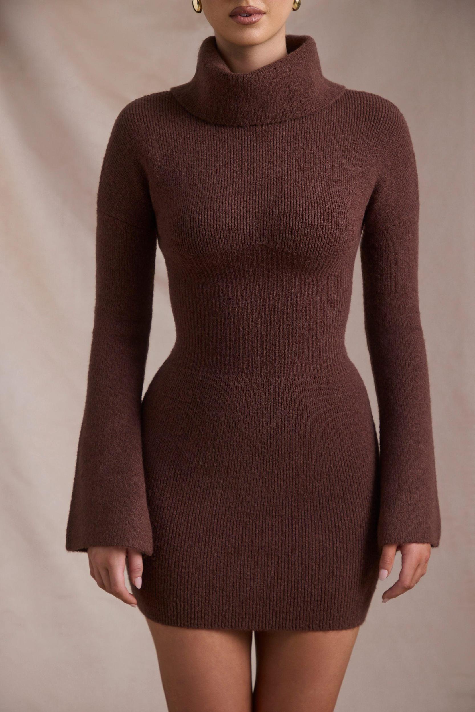 Ribbed-Knit Turtleneck Mini Jumper Dress in Espresso Product Image