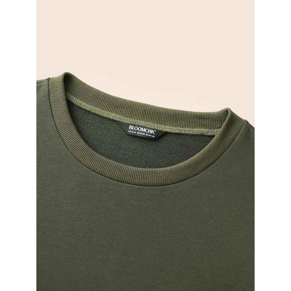 Plus Size Texture Patchwork Drop Shoulder Sleeve Sweatshirt Women DarkGreen Casual Texture Round Neck Everyday Sweatshirts BloomChic 12/L Product Image