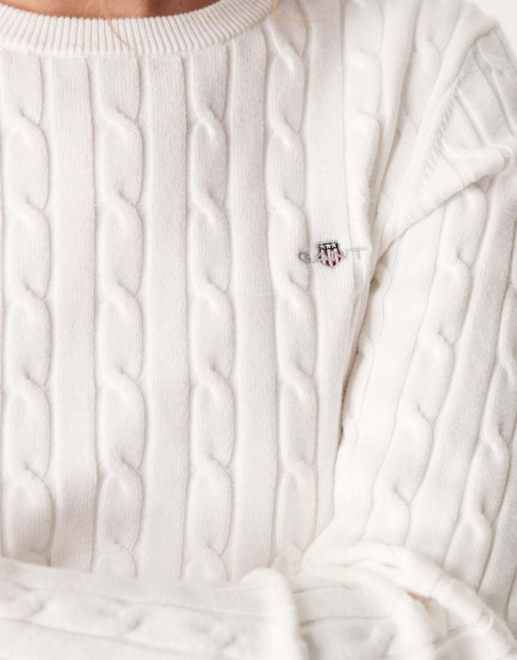 GANT cotton cable knit crew neck sweater with logo in white Product Image