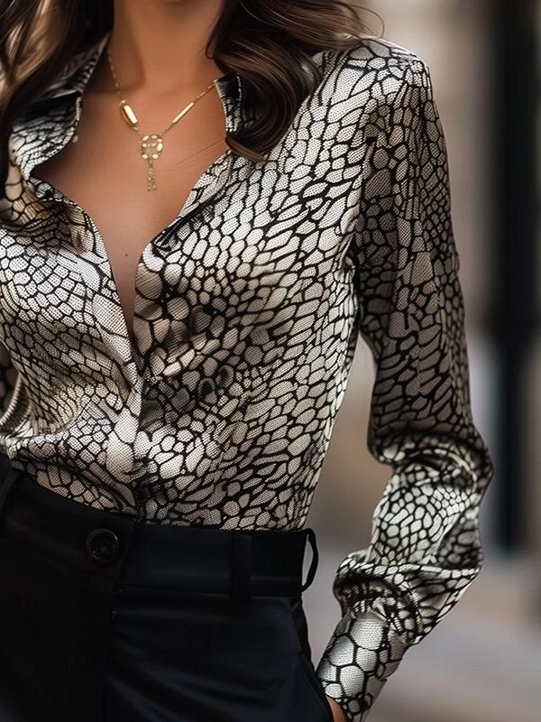 Long Sleeves Loose Buttoned Contrast Color Snakeskin Printed Lapel Blouses&Shirts Tops Product Image
