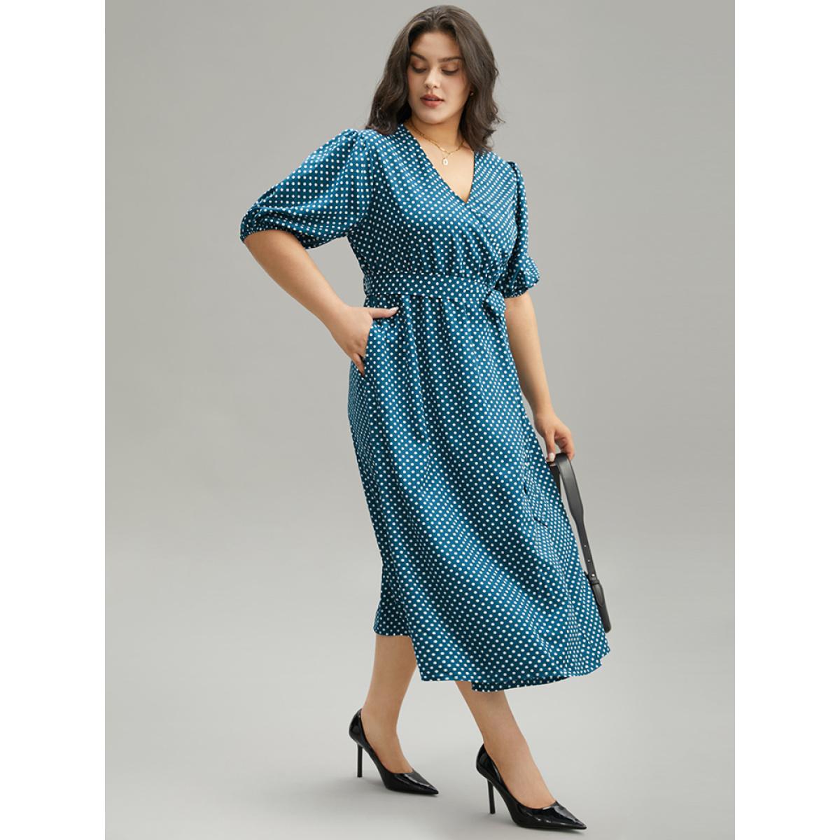 Plus Size Polka Dot Belted Lantern Sleeve Surplice Neck Dress Aegean Women Office Elastic cuffs V-neck Short sleeve Curvy Midi Dress BloomChic 14-16/1X Product Image