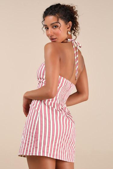 Madelia Pink Striped Halter Mini Dress Product Image