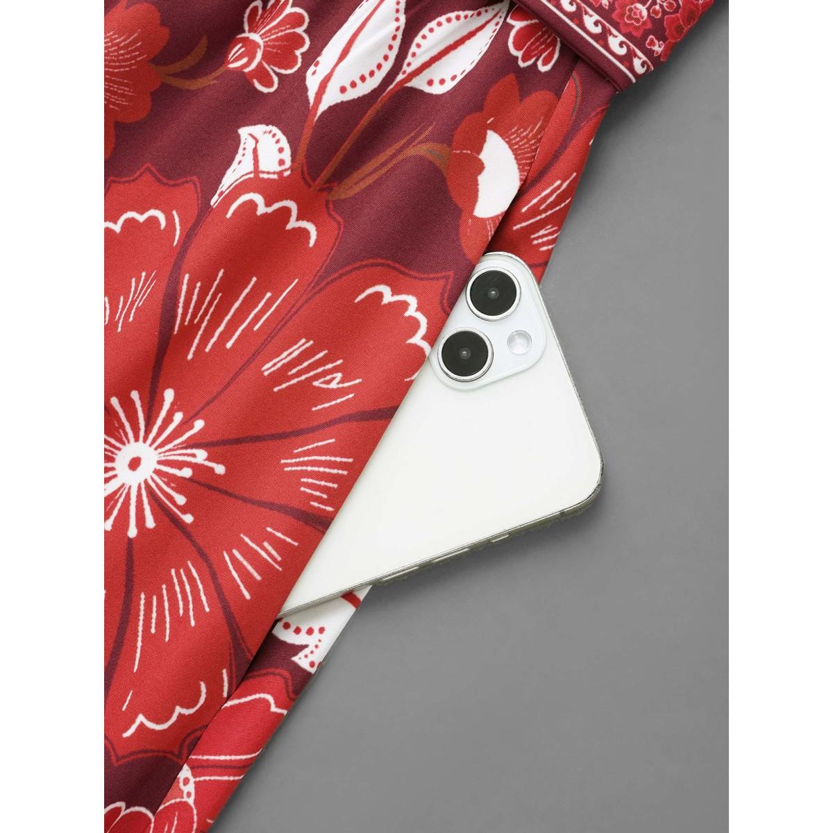 Plus Size Boho Print Belted Lantern Sleeve Dress Burgundy Women Cocktail Belted Notched collar Long Sleeve Curvy BloomChic 28/5X Product Image