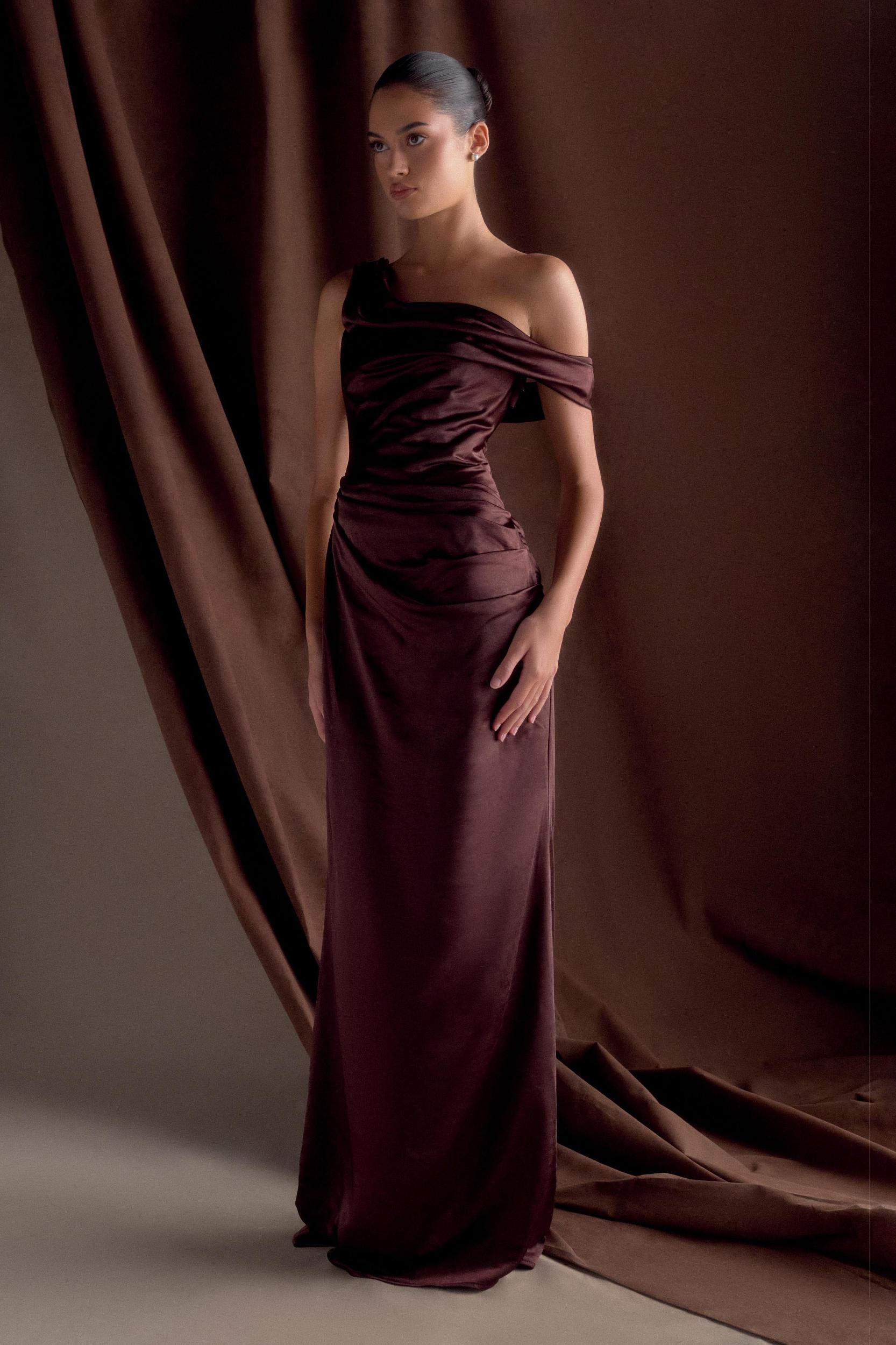 Dalia Off Shoulder Satin Maxi Dress - Dark Chocolate Product Image