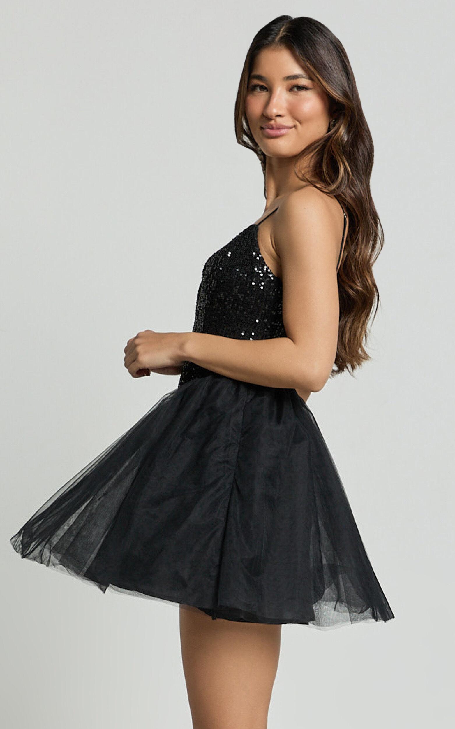 Violette Mini Dress - Sequin Corset Tulle Skirt Dress in Black Product Image