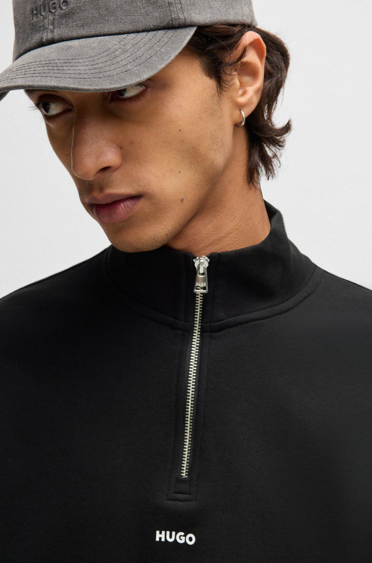 HUGO - Cotton-terry zip-neck sweatshirt with logo print - Black Product Image