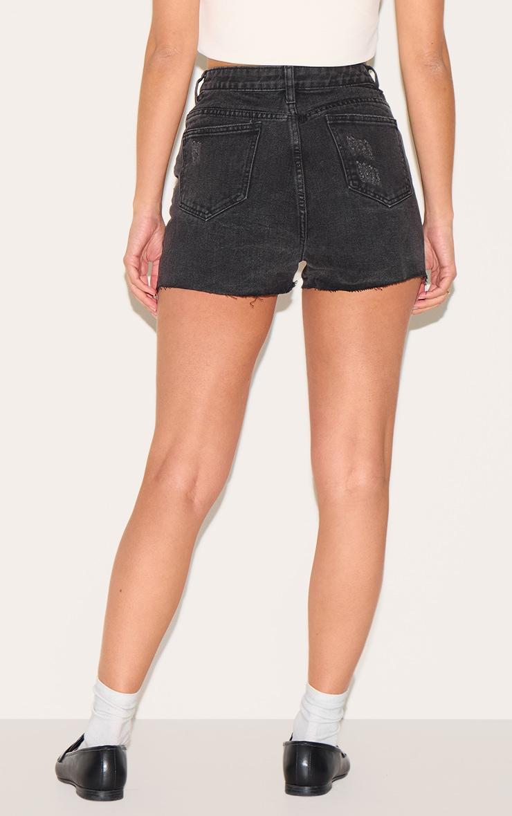 PRETTYLITTLETHING Washed Black Ripped Denim Mom Shorts Product Image