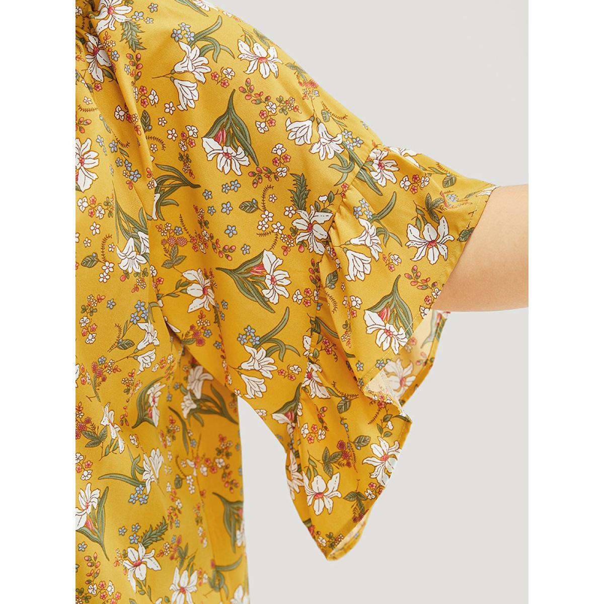 Plus Size Yellow Floral Tie Neck Tassels Frill Trim Ruffle Sleeve Blouse Women Elegant Short sleeve V-neck Dailywear Blouses BloomChic 14-16/1X Product Image