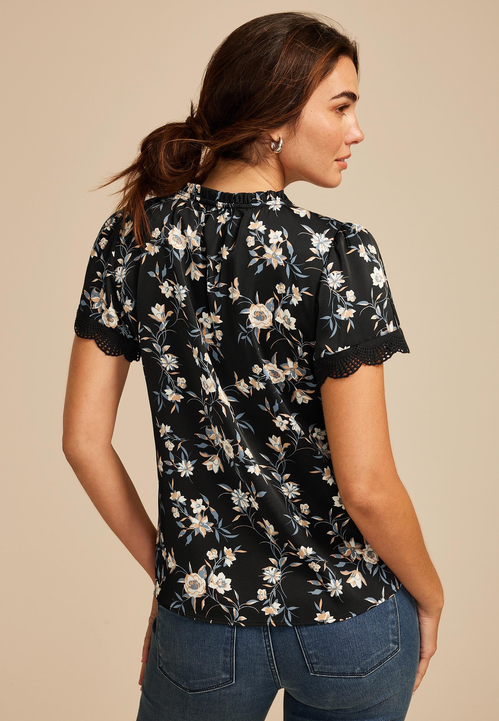 Black Floral Satin Blouse Product Image