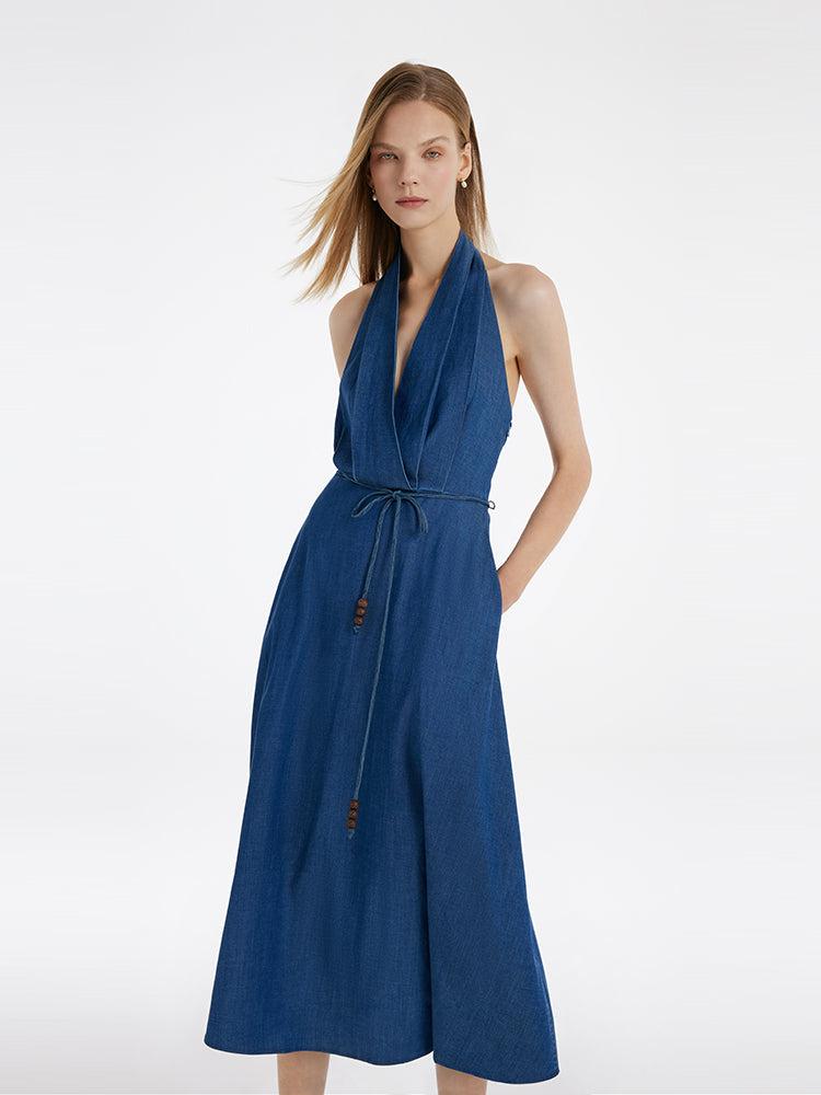 Denim Halter Women Midi Dress With Rope Belt Product Image