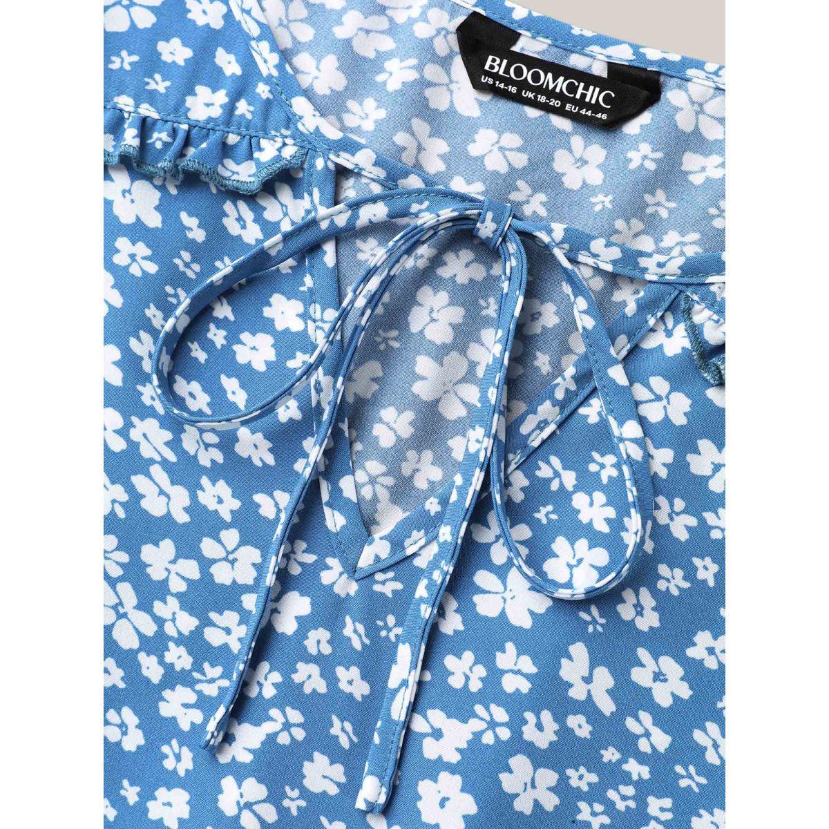 Plus Size LightBlue Floral Stretchy-Waist Ties Peplum Shirt Women Elegant Short sleeve Asymmetrical Neck Everyday Blouses BloomChic 28/5X Product Image