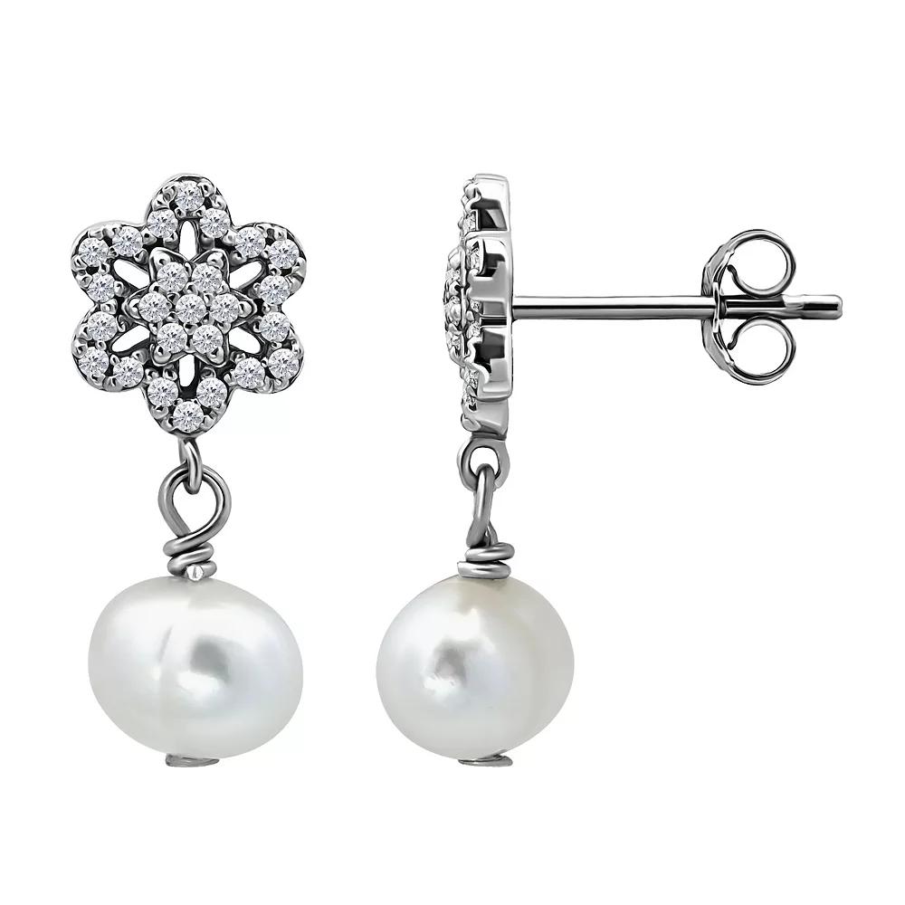 Aleure Precioso Sterling Silver Freshwater Cultured Pearl Drop & Pave Cubic Zirconia Star Post Earrings, Women's, Silver Tone Product Image