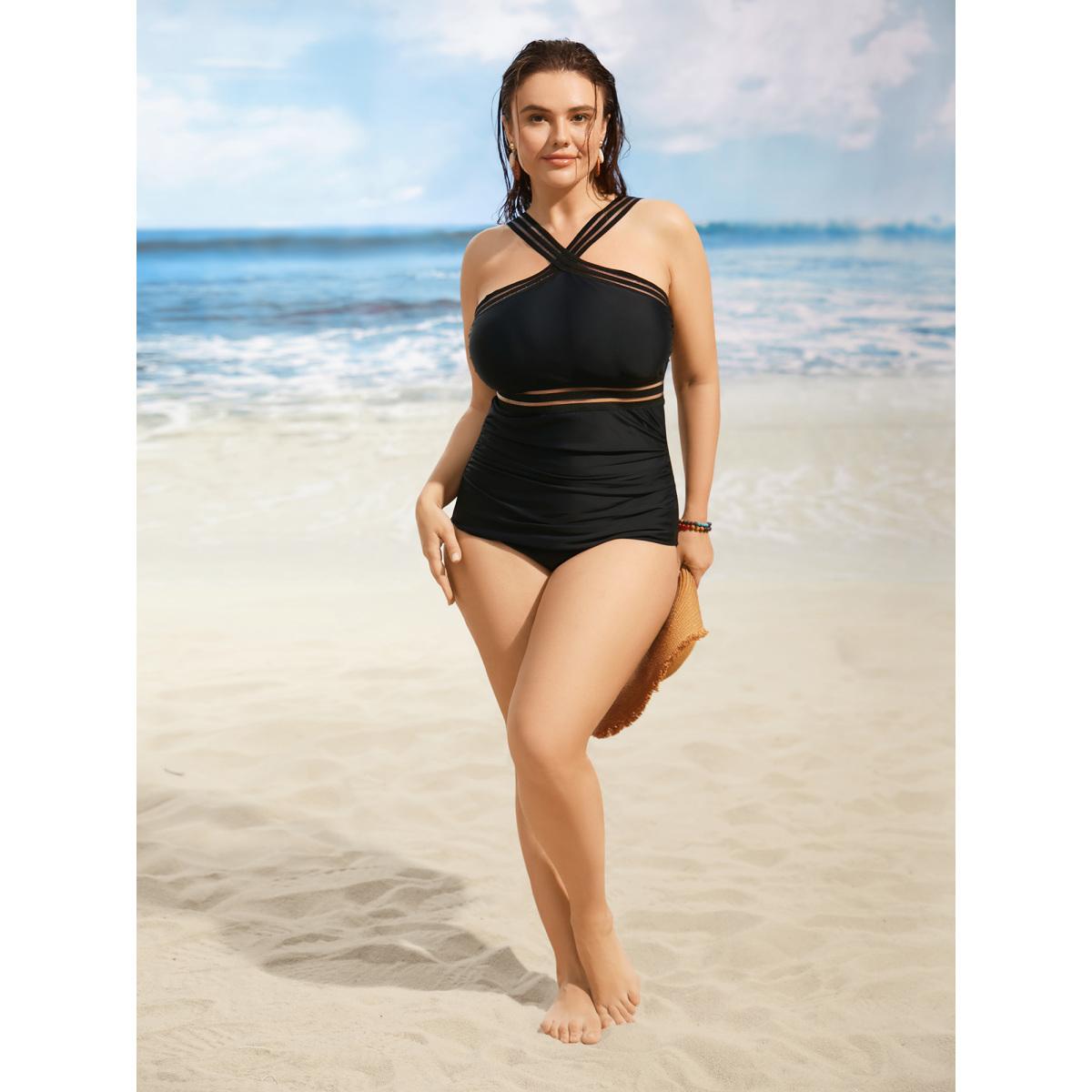 Plus Size Overlap Collar Patchwork Mesh Gathered One Piece Swimsuit Women's Swimwear Black Beach Woven ribbon&lace trim Curve Bathing Suits High stretch One Pieces BloomChic 14-16/1X Product Image