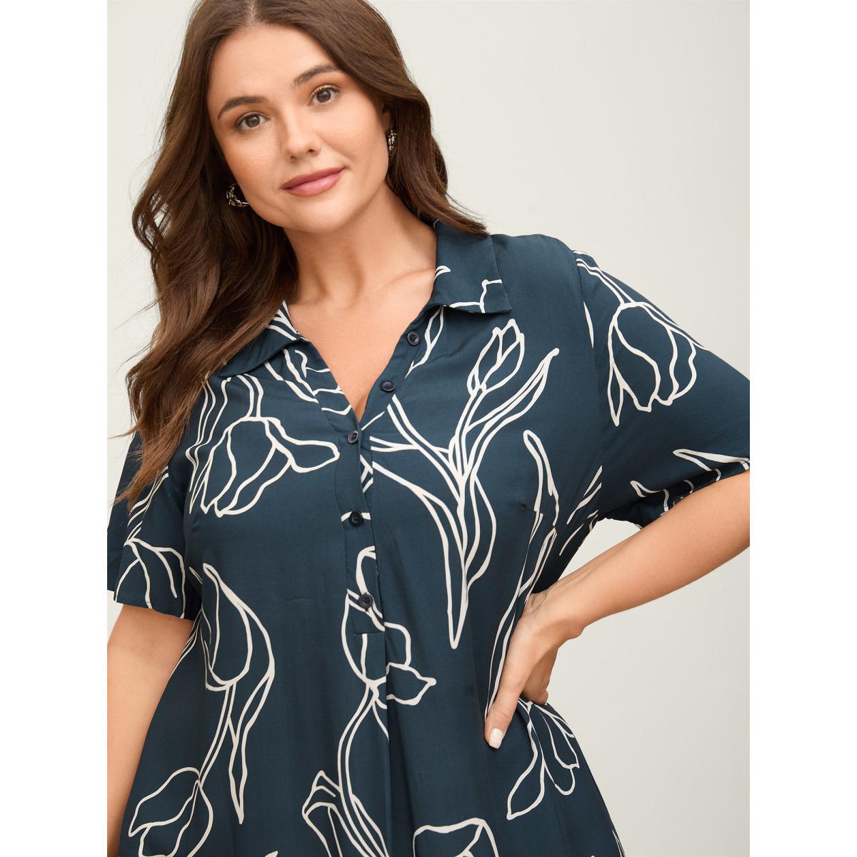 Plus Size Floral Print Cinched Flared Knee-Length Dress DarkBlue Women Office Shirt collar Short sleeve Curvy BloomChic 14-16/1X Product Image