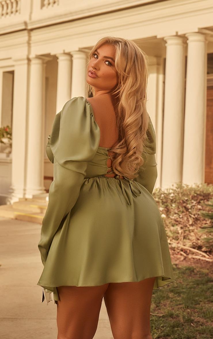 Plus Sage Green Satin Corset Detail Puffball Shift Dress Product Image