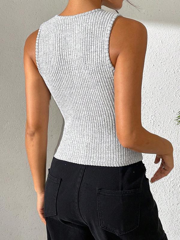 Skinny Sleeveless Buttoned Solid Color Round-Neck Vest Top Product Image