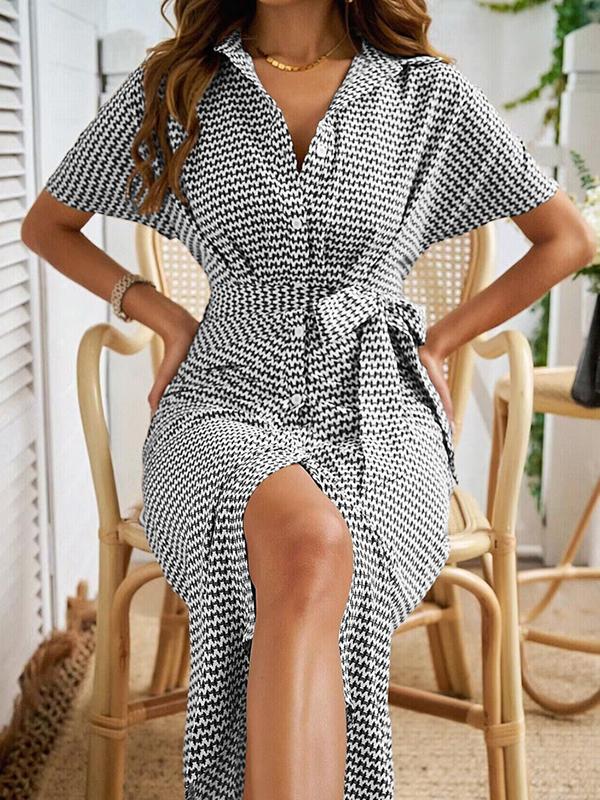 Bodycon Half Sleeves Buttoned Contrast Color Tied Waist Lapel Midi Dresses Product Image