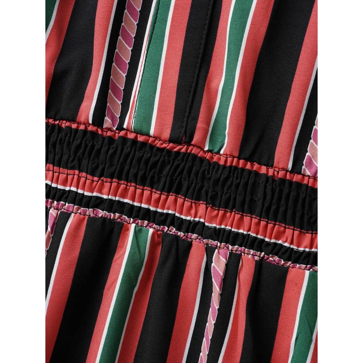 Plus Size Contrast Striped Ruffle Cap Sleeve Dress Black Women Elegant Ruffles Notched collar Cap Sleeve Curvy BloomChic 22-24/3X Product Image