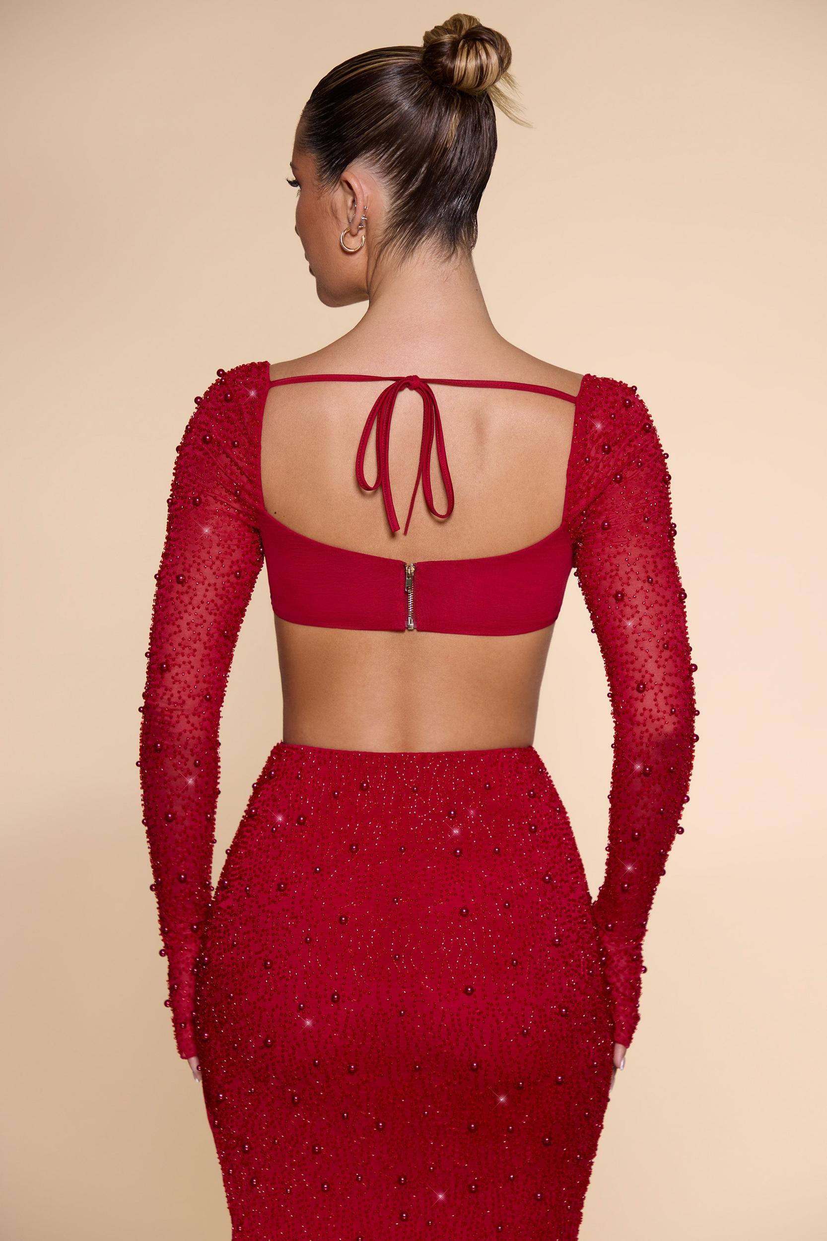 Embellished Cowl Neck Crop Top in Red Product Image