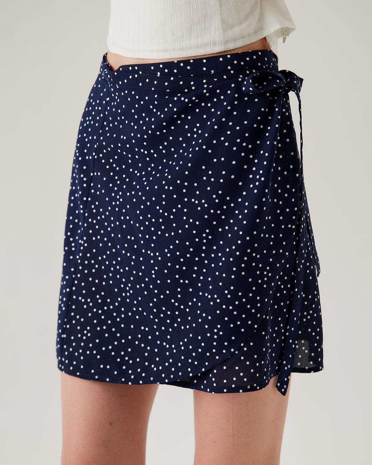 Navy Polka Dot Wrap Mini Skirt Product Image