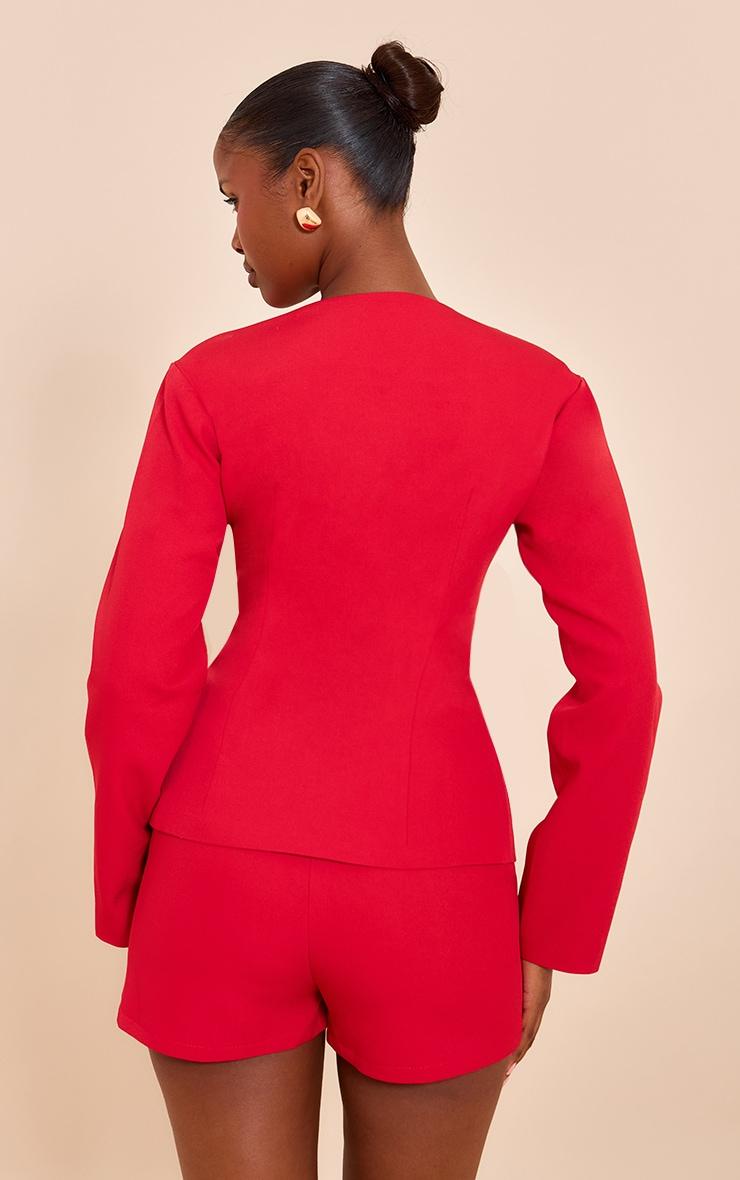 Tomato Red Tailored Cinched Waist Asymmetric Blazer Product Image