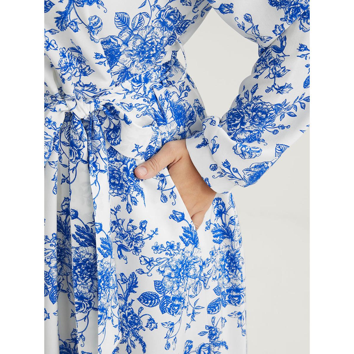 Plus Size Floral Button Up Pocket Belted Lapel Collar Dress WhiteSmoke Women Office Belted Lapel Collar Long Sleeve Curvy Knee Dress BloomChic 22-24/3X Product Image