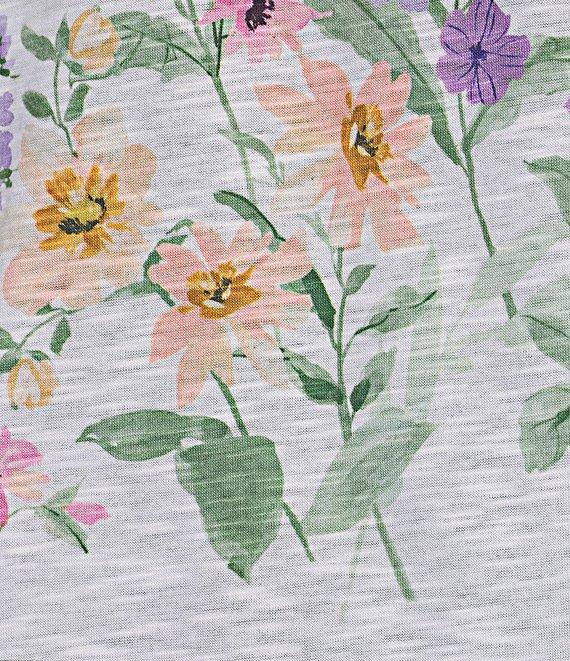 Allison Daley Petite Size Wildflower Border Print Flutter Sleeve Tassel Tie Neck Knit Top Product Image