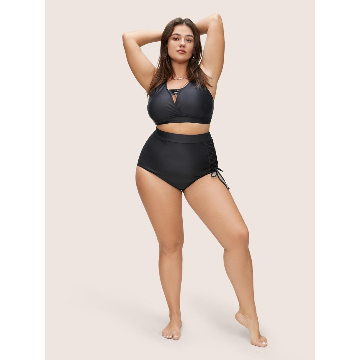 Plus Size Plain Lace Up Side High Rise Swim Bottom Women's Swimwear Black Beach Non High stretch Skinny High Rise Curve Swim Bottoms BloomChic 30/6X Product Image