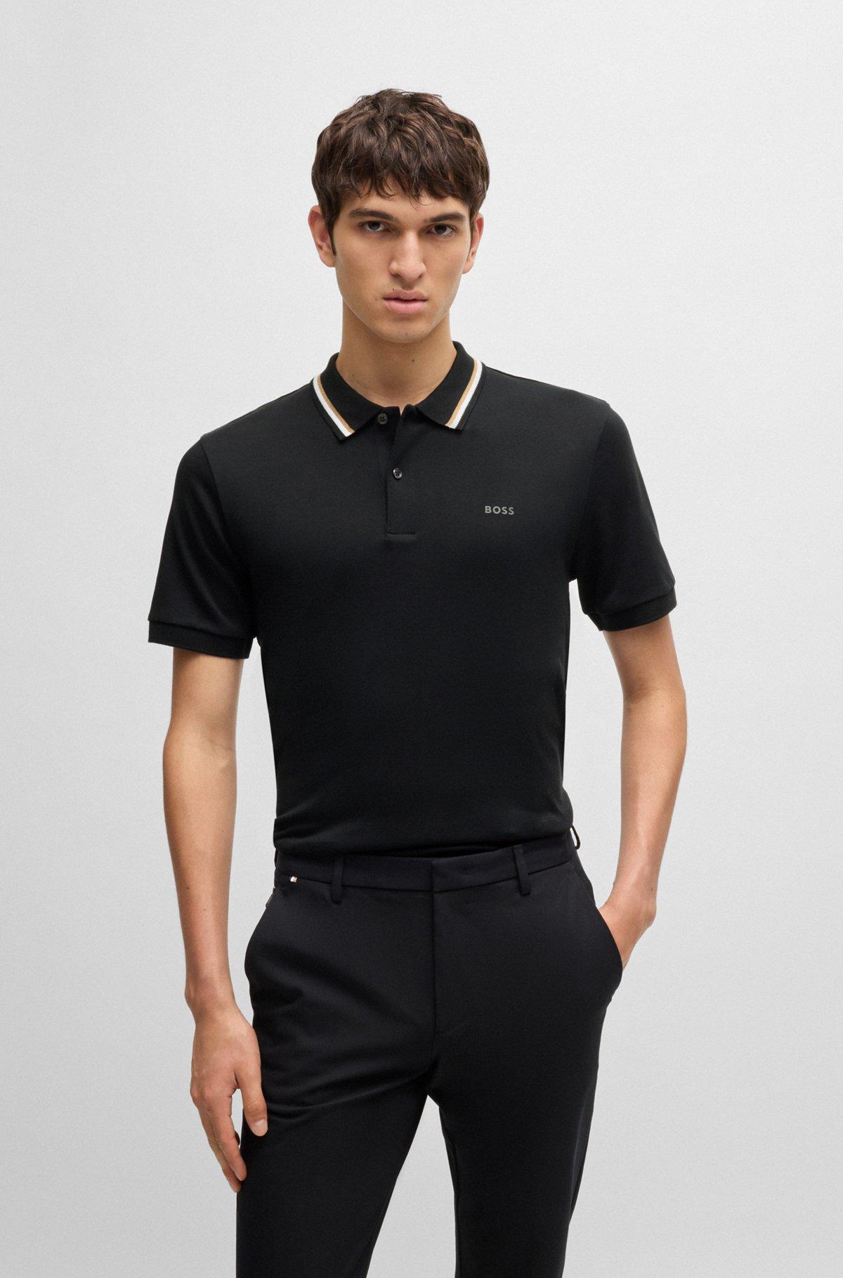 Slim-fit polo shirt in cotton with striped collar Product Image