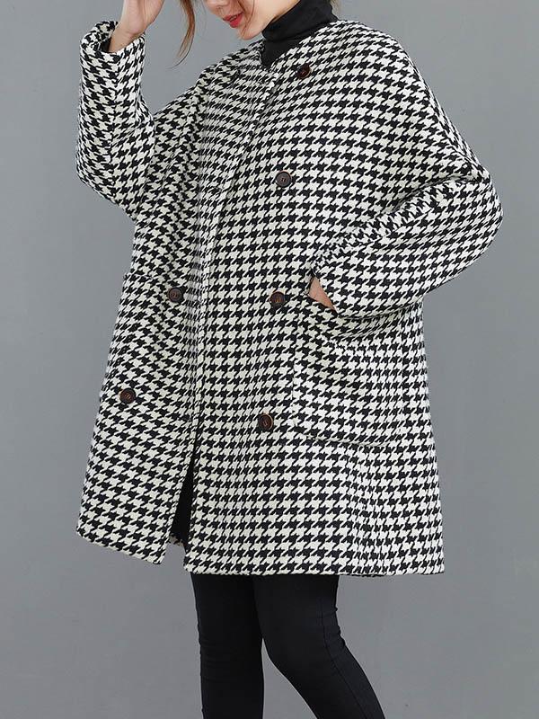 Loose Houndstooth Buttoned Round-Neck Long Sleeves Woolen Coat Product Image