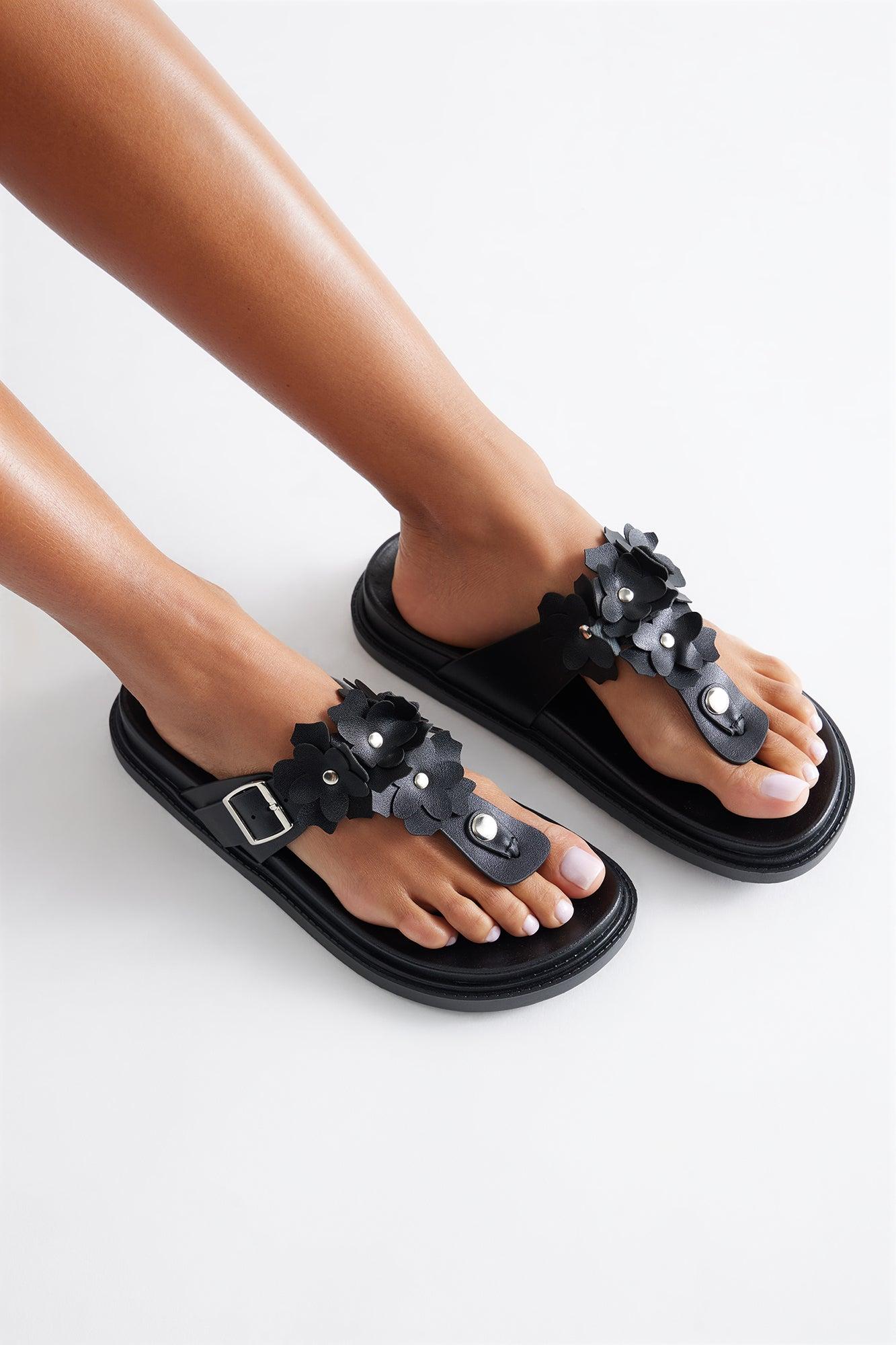 Matcha Buckle Faux Leather Flip Flops - Black Female Product Image