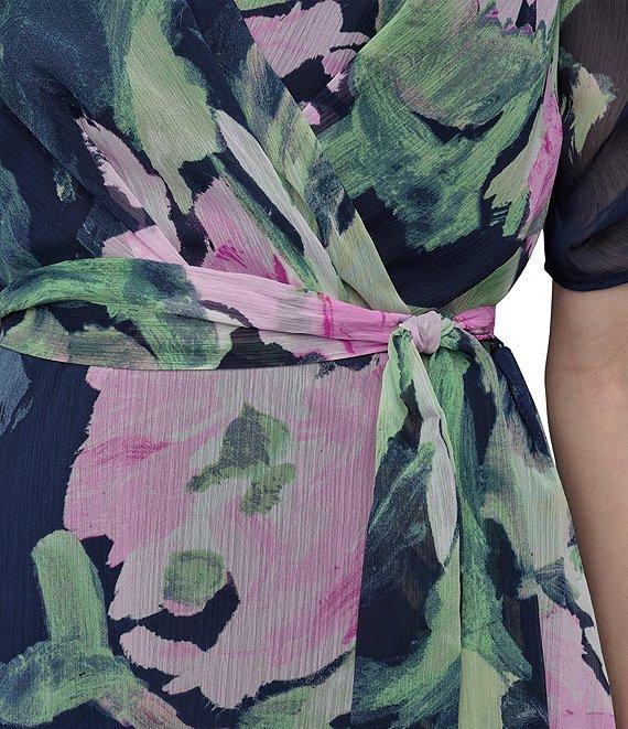 DKNY by Donna Karan Floral Surplice V-Neck Short Sleeve Faux Wrap Midi Dress Product Image