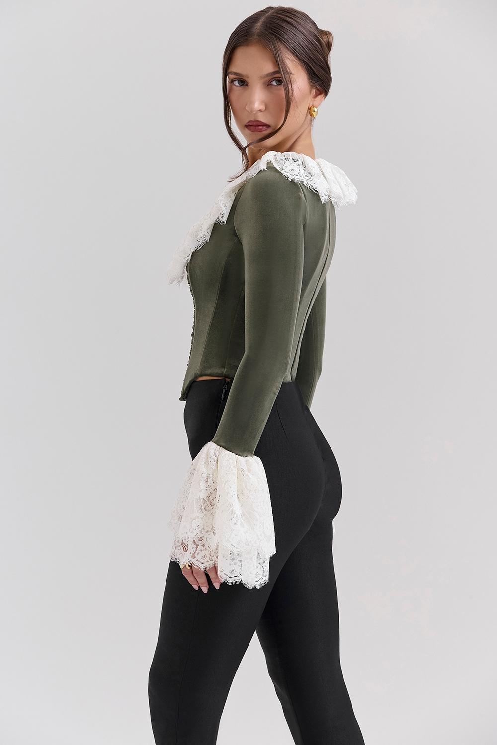 Jacinda  forest green velvet lace trimmed corset top - sale Product Image