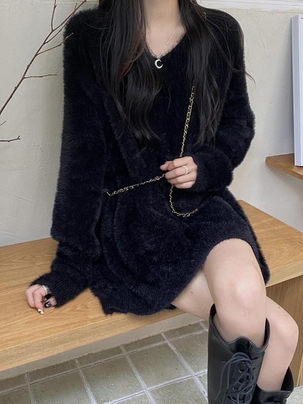 Solid V Neck Fuzzy Loose Sweater Product Image