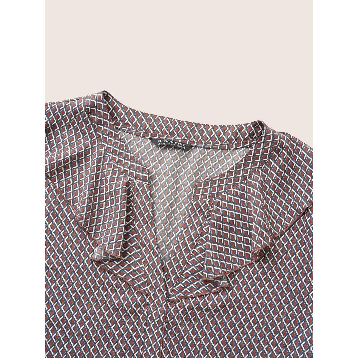 Plus Size Indigo Gingham Ruffle Trim Tab Sleeve Blouse Women At the Office Elbow-length sleeve V-neck Work Blouses BloomChic 26/4X Product Image