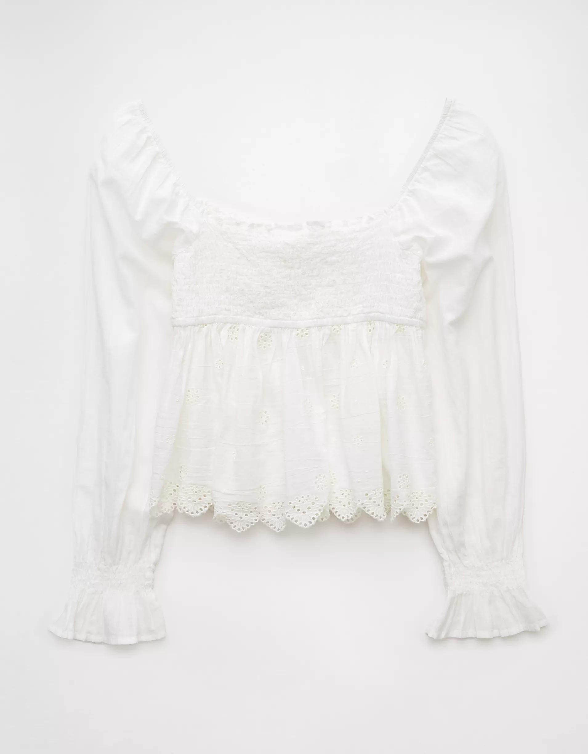 AE Long-Sleeve Smocked Babydoll Blouse Product Image