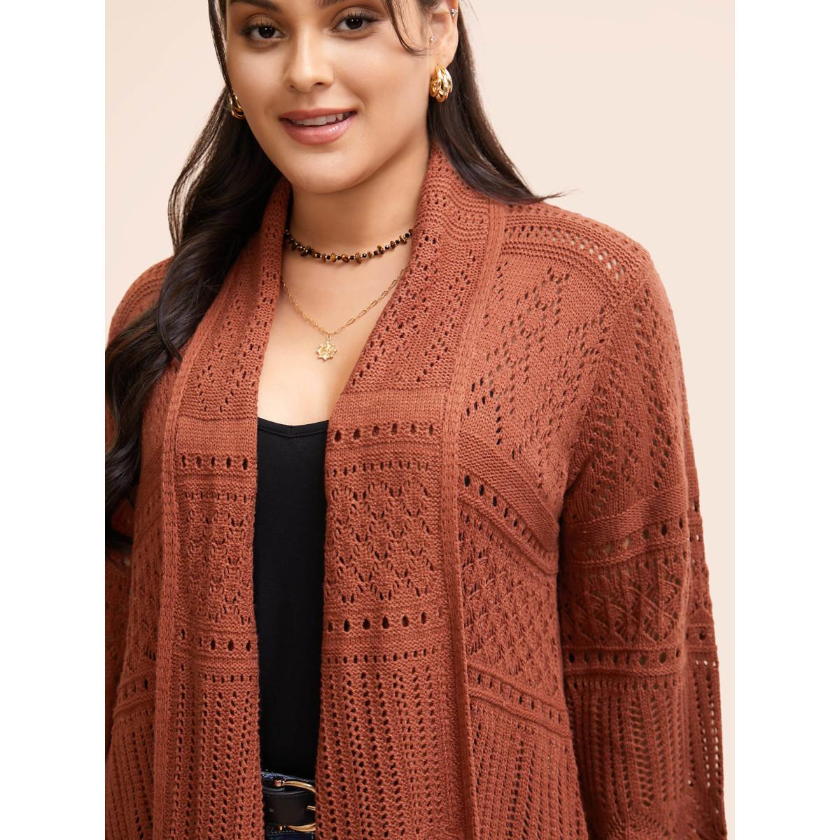 Plus Size Texture Cut Out Bell Sleeve Cardigan Rust Women Resort Loose Long Sleeve Vacation Cardigans BloomChic 12/L Product Image